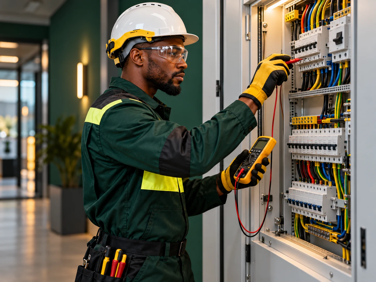 Electrician testing a modern electrical distribution board