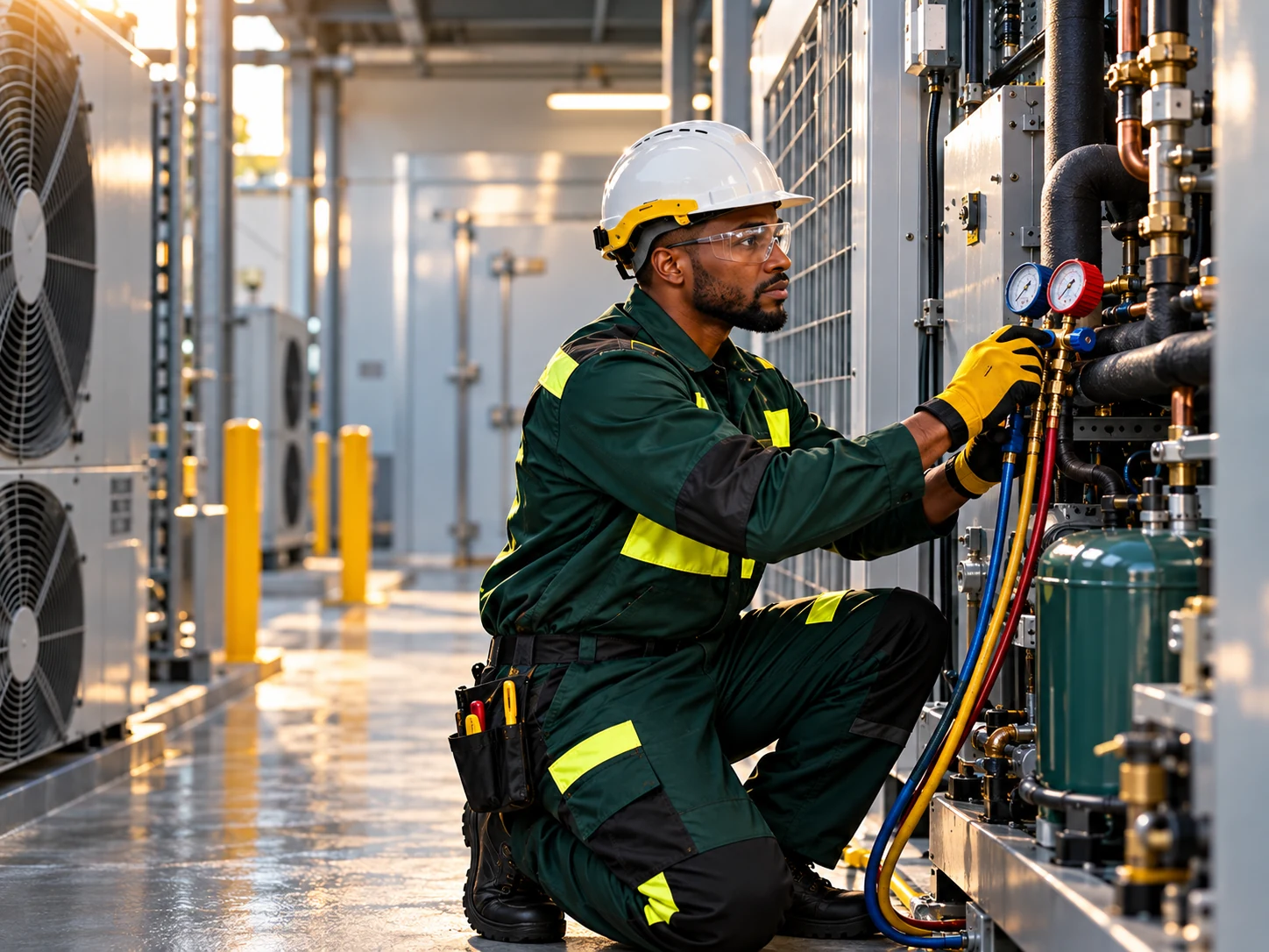 Refrigeration technician checking a commercial cooling system
