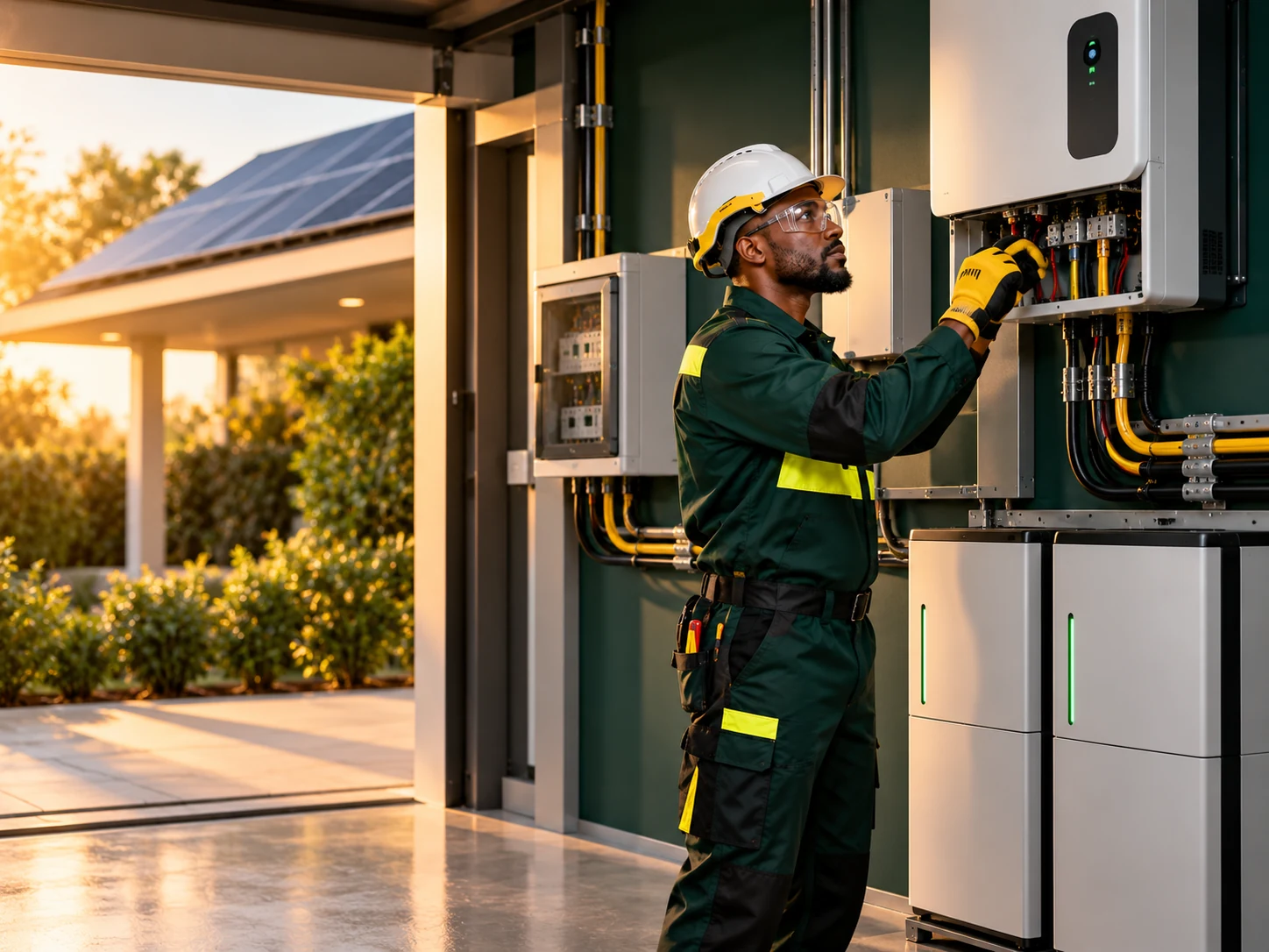 Technician servicing a solar inverter and battery backup system